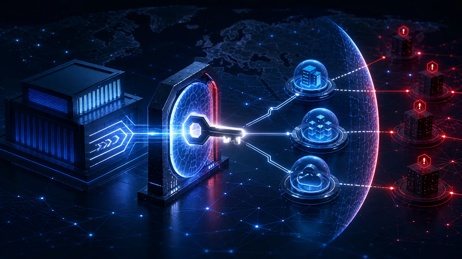 Editorial illustration of a glowing cryptographic key passing through a firewall checkpoint toward private network nodes, with hostile servers isolated beyond a digital boundary.