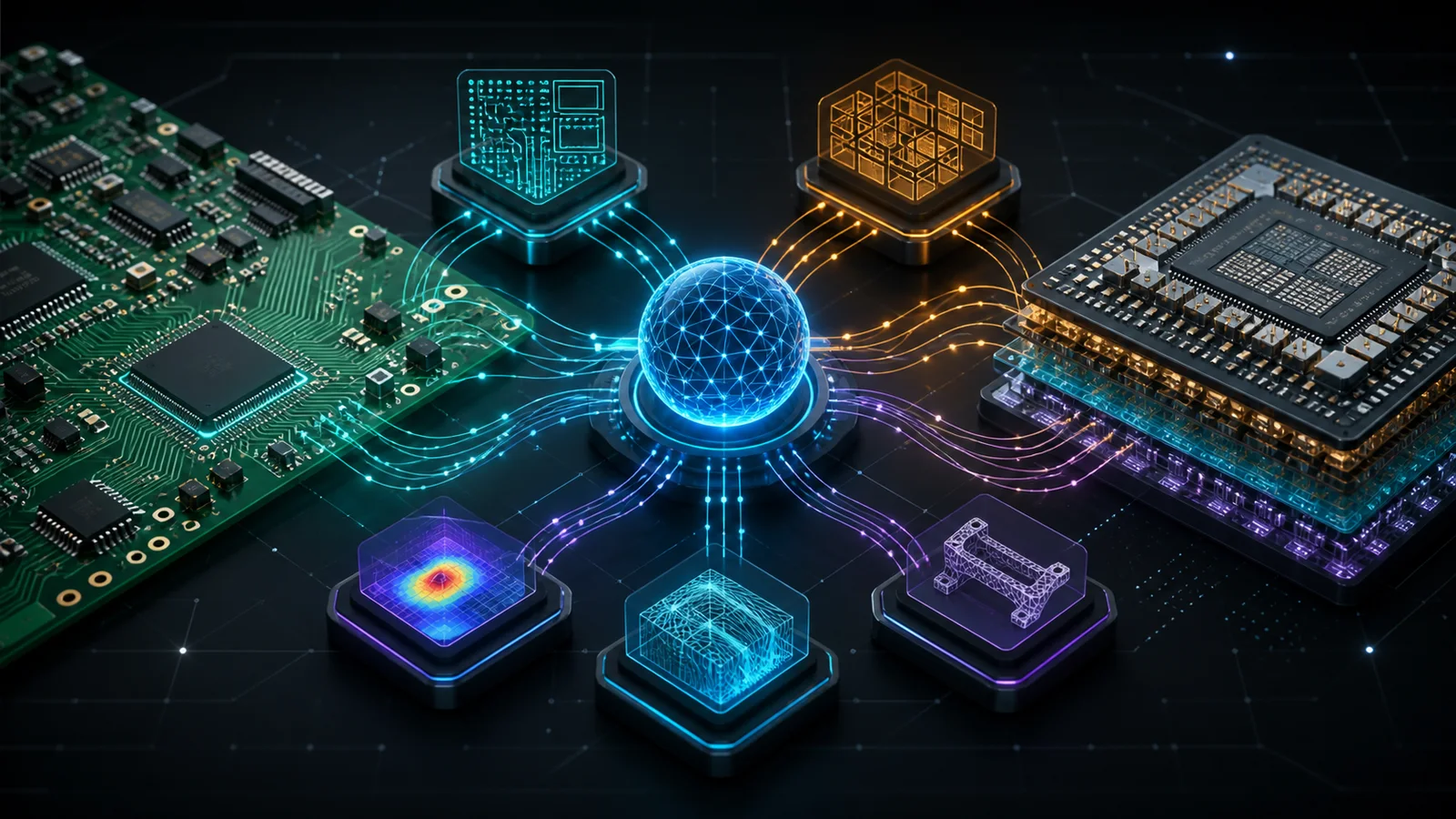 Conceptual illustration of signal paths linking a printed circuit board, a layered chip package, and several engineering-analysis nodes through a central orchestration hub.