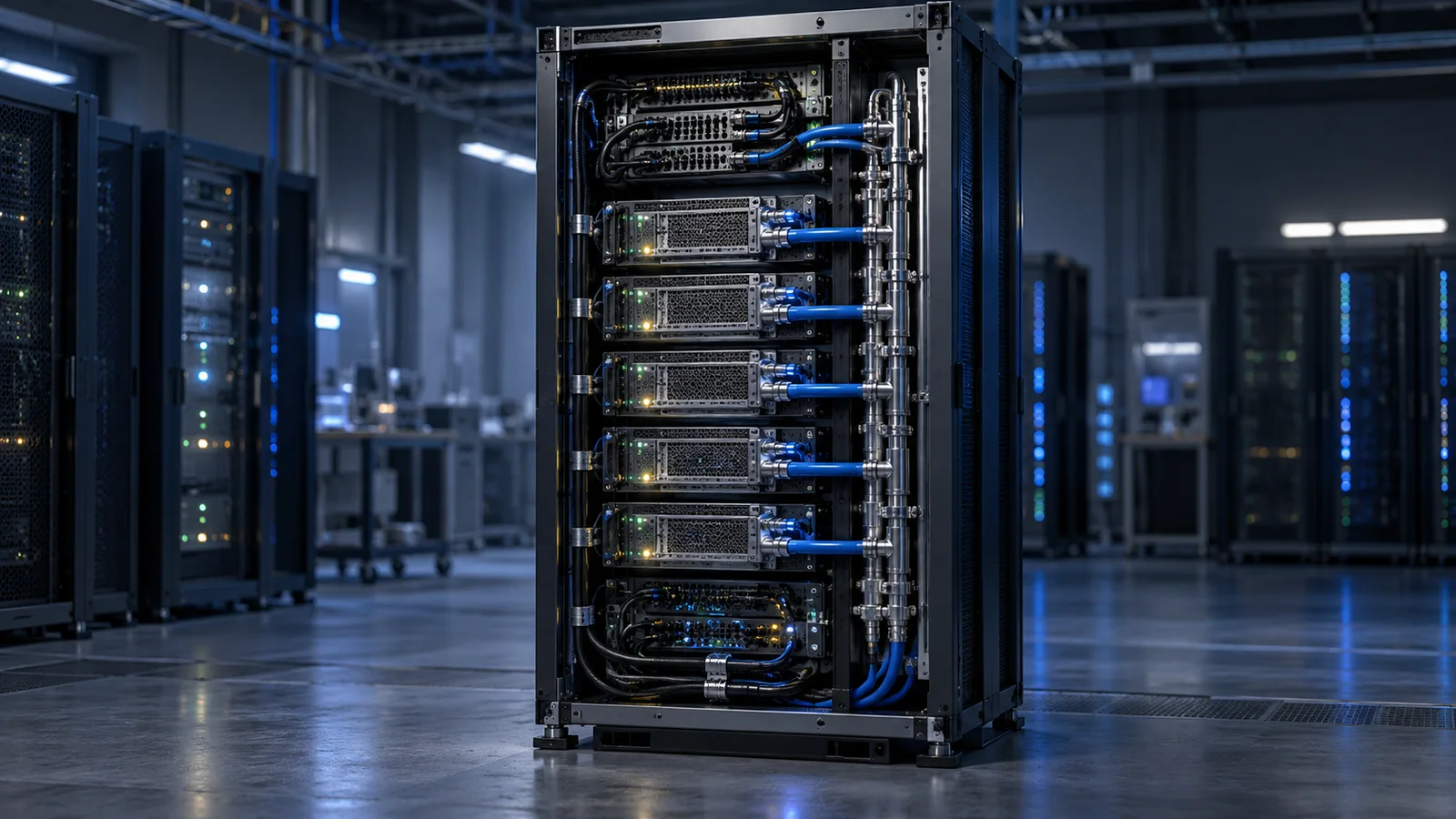Conceptual illustration of a liquid-cooled rack-scale compute system in a technical testing lab.