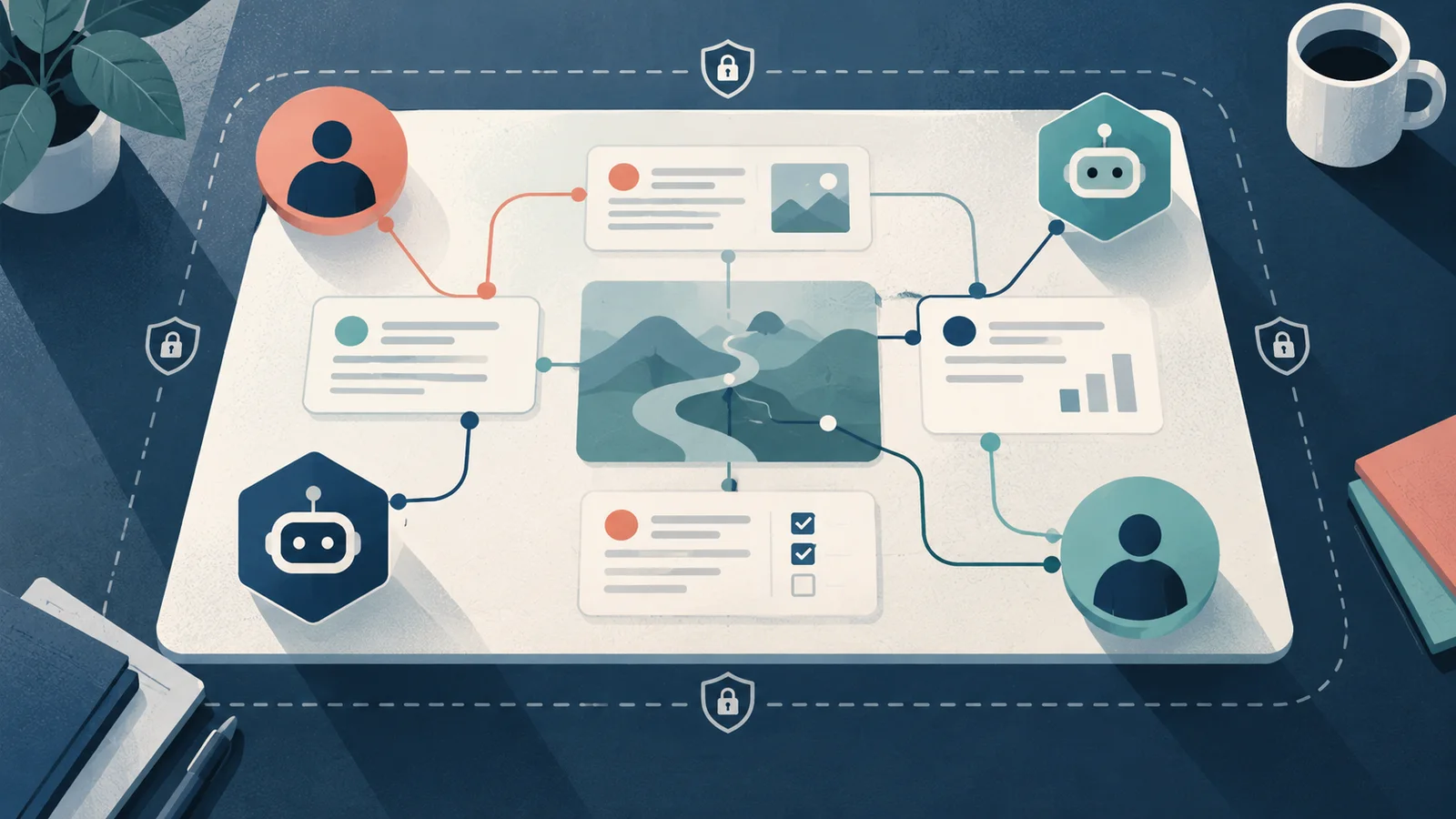 Editorial illustration of circular human markers and hexagonal agent markers collaborating around connected work cards within a permission boundary.