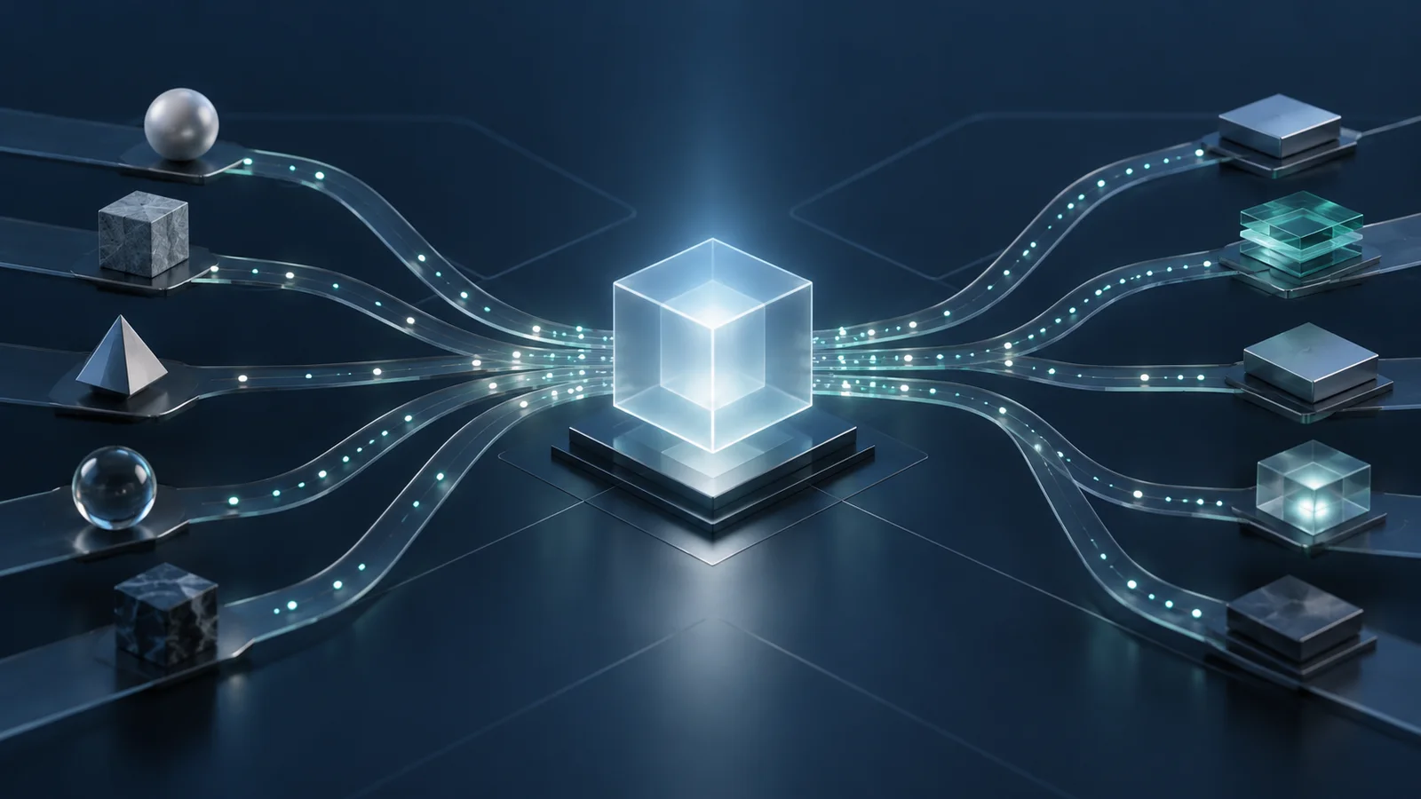 Abstract navy editorial illustration of glowing decision paths converging on a central translucent cube.