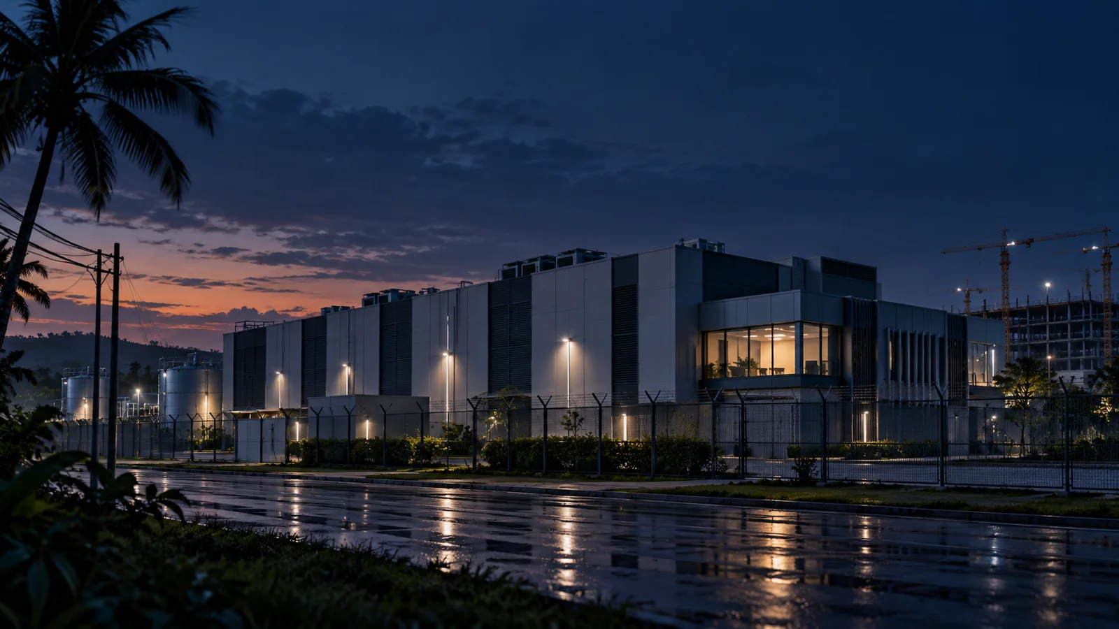 Conceptual illustration of an anonymous tropical data-center campus at dusk, with a wet road, perimeter fence and distant construction cranes.