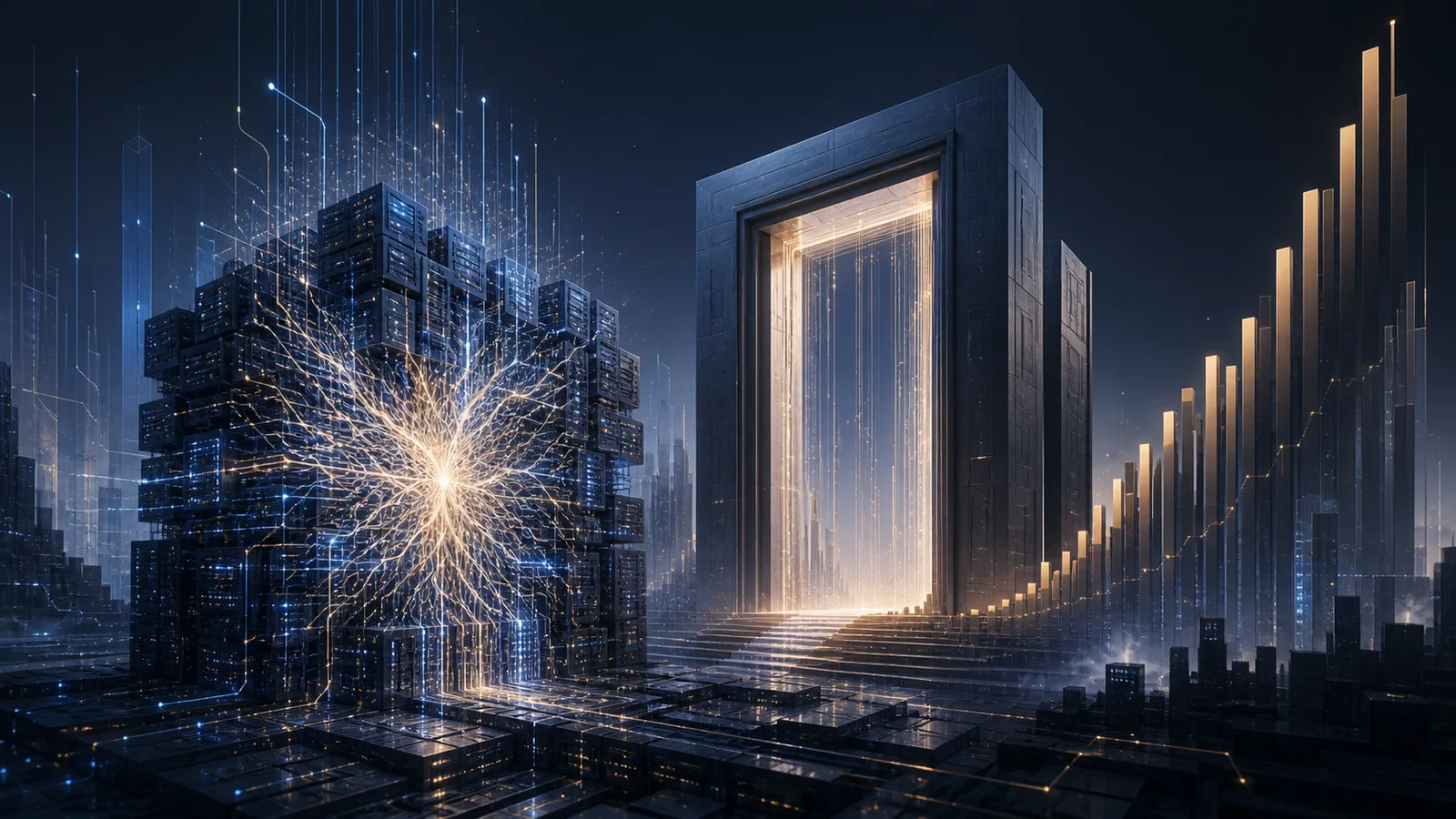 Conceptual neural-network core beside a luminous gateway and rising abstract market bars.