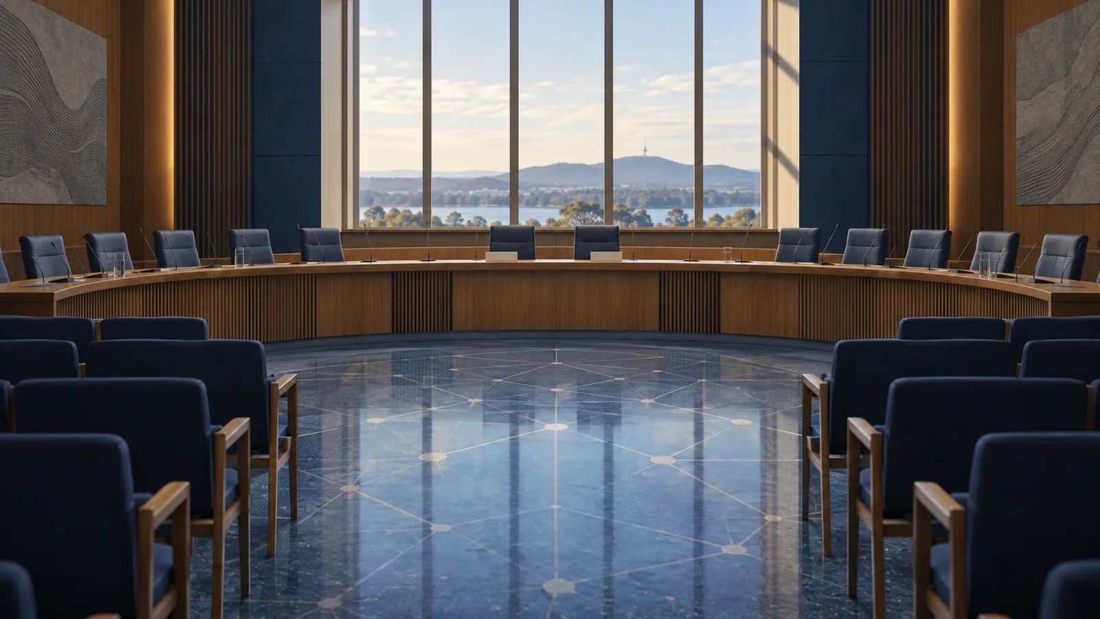Conceptual illustration of an empty parliamentary hearing room with a curved committee table and a subtle data-network pattern on the floor.