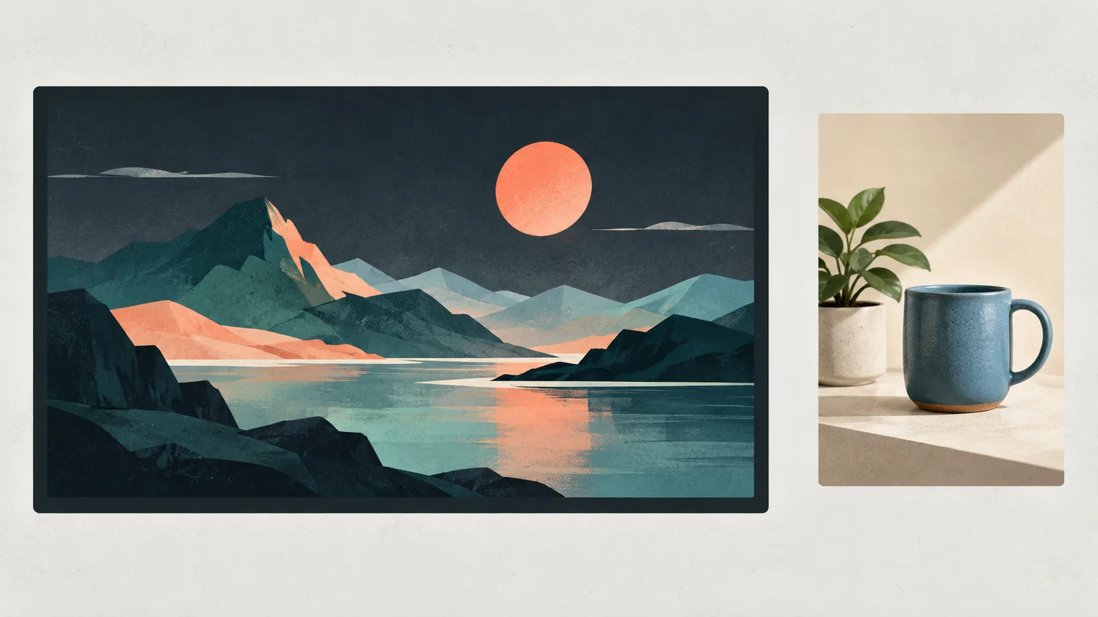 Conceptual illustration showing a dark image-generation canvas with an original mountain landscape beside a separate card showing a blue mug and potted plant.