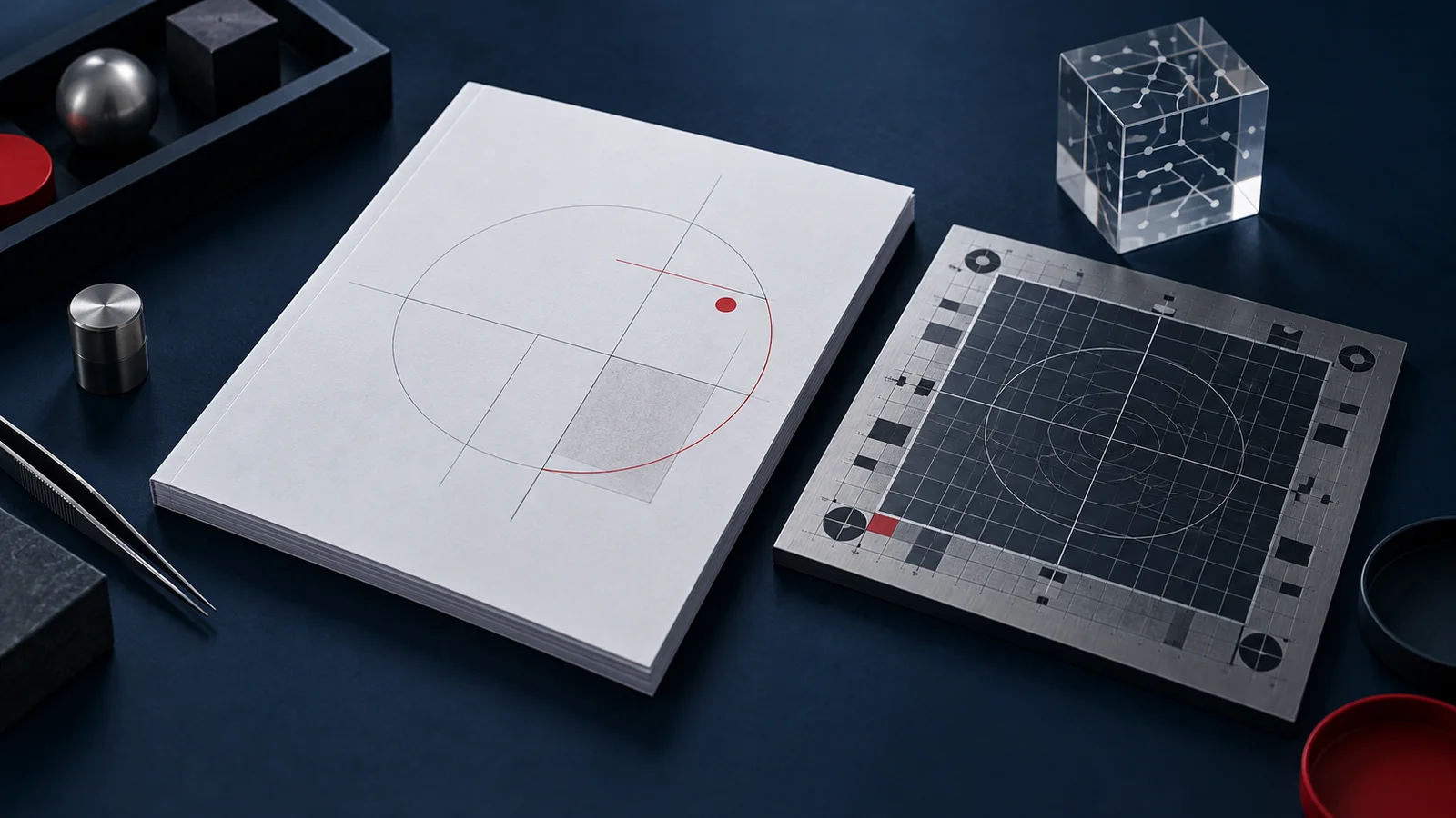 Conceptual technical evaluation dossier, calibration grid and transparent circuit-pattern block on a navy workspace.