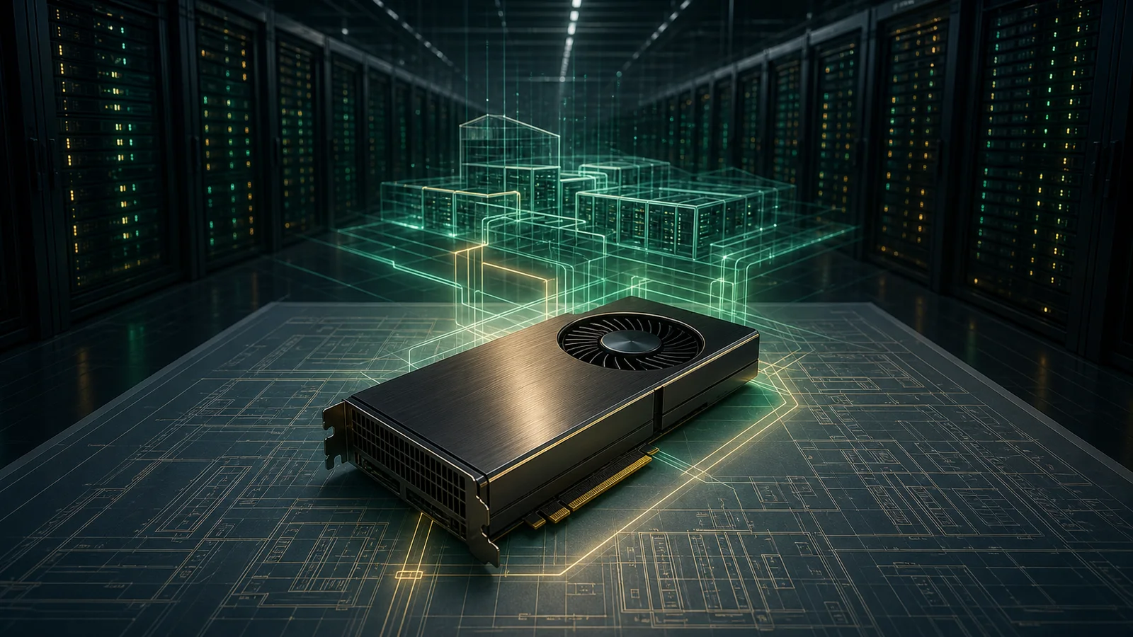 An unbranded compute accelerator rests on an architectural blueprint inside a data center, with illuminated pathways linking it to server infrastructure.