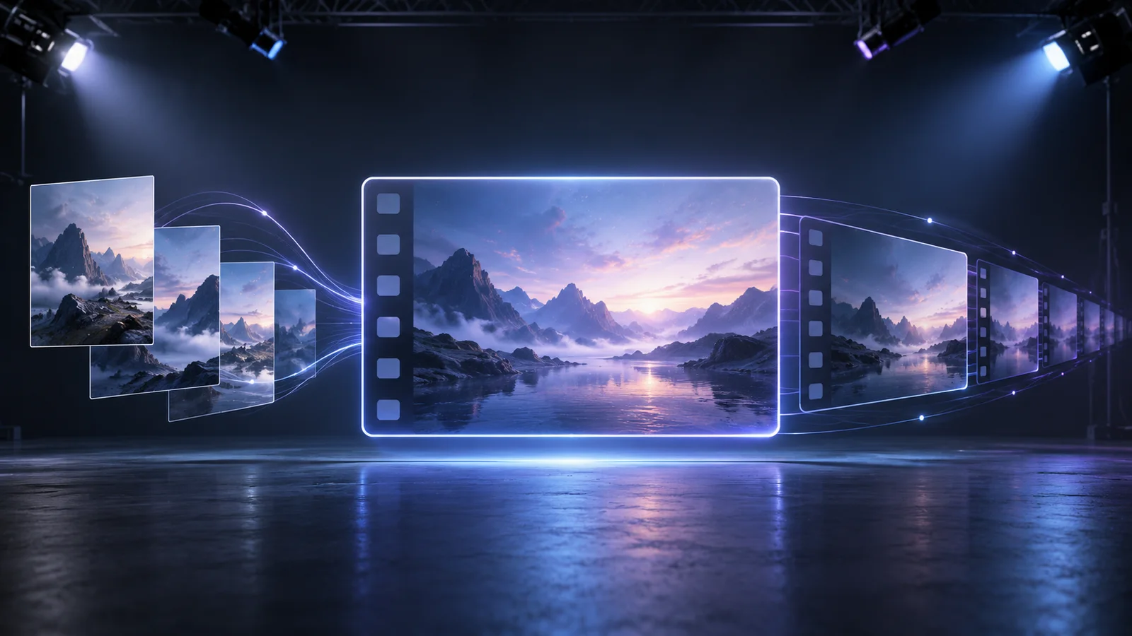A conceptual studio scene with a central video frame, smaller image panels and blue-violet light paths.