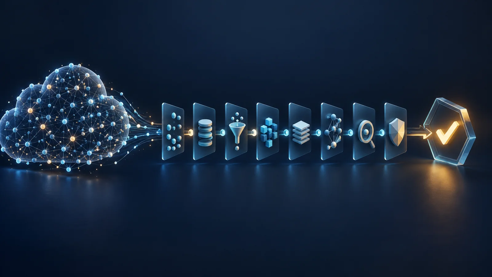 An unbranded cloud-like network of blue nodes flows through nine glass panels with abstract retrieval, schema and validation symbols toward an amber check mark.
