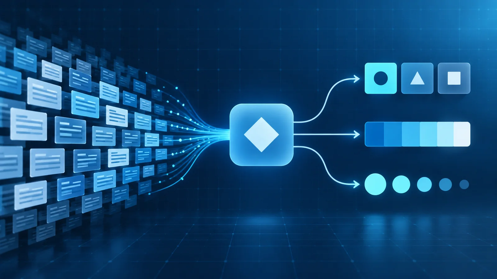 Conceptual illustration of rows of data records flowing into a central decision node, with non-textual category, score-scale and probability-dot outputs.