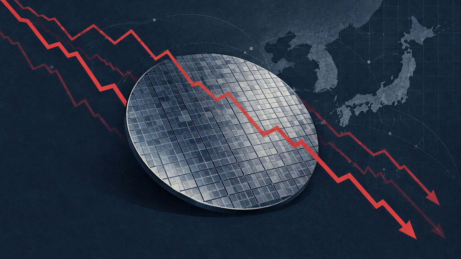 Conceptual illustration of a semiconductor wafer crossed by red declining market lines, with subdued map outlines of South Korea and Japan.