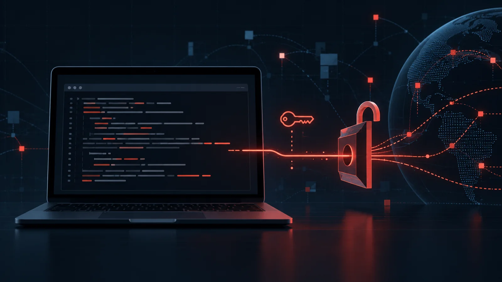 Conceptual illustration of a laptop with abstract code lines, an unauthorized key and an outbound connection through an open lock.