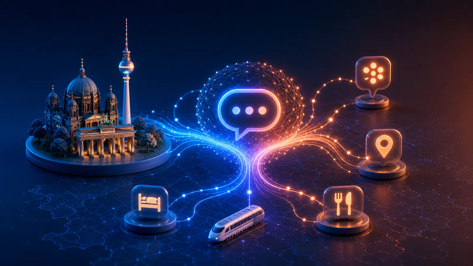 Editorial illustration of a glowing AI chat symbol connecting Berlin landmarks with a blank train and generic hotel, dining, location and itinerary pictograms.