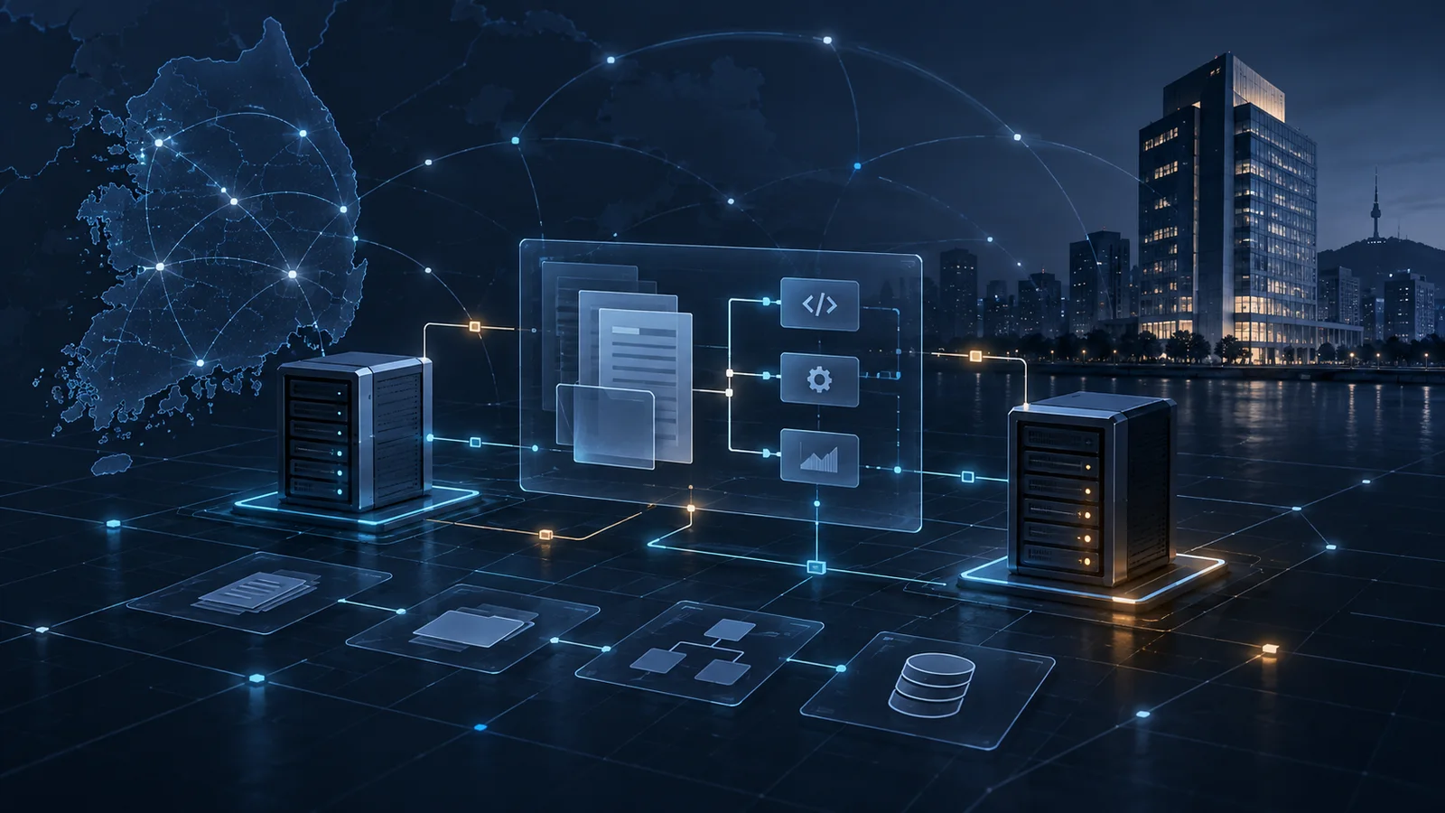 Conceptual nighttime view of South Korea with connected network lines, two server systems, and a central panel showing documents and code-related symbols.