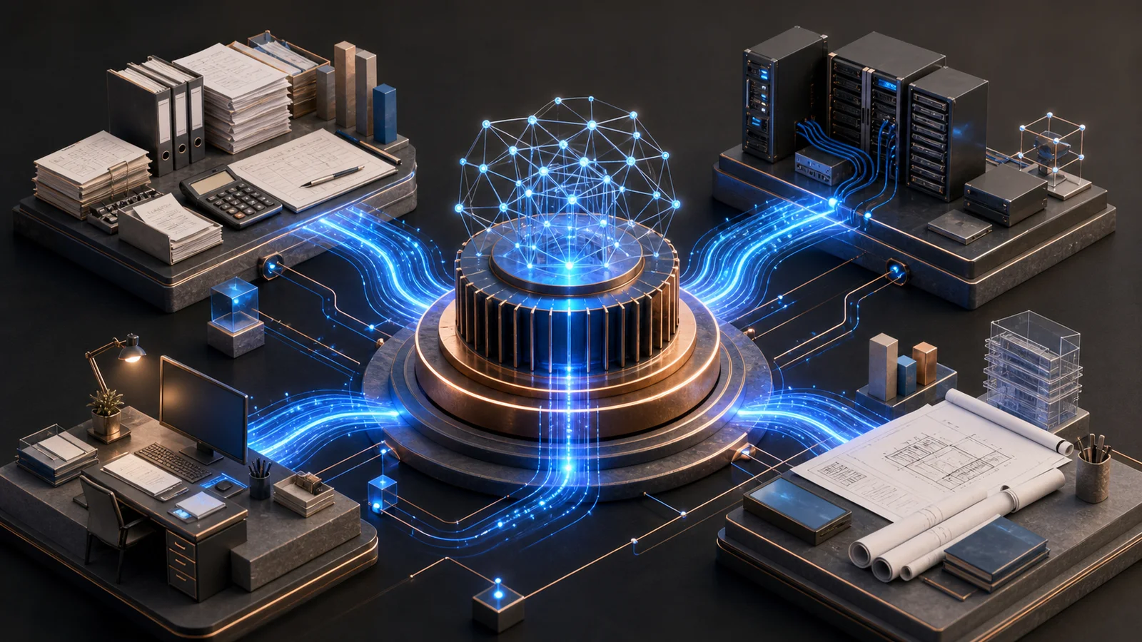 Traditional accounting, IT services, and infrastructure-planning workspaces connected by blue data pathways to a central digital network hub.