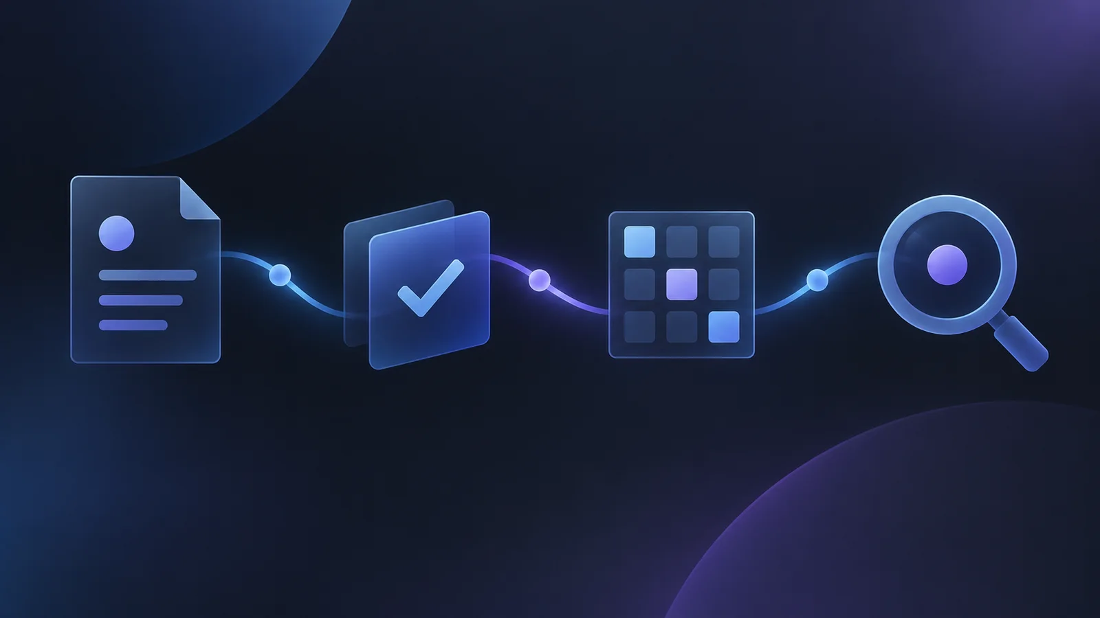 Abstract software-delivery pathway with document, review, test-grid and investigation symbols in blue and violet.