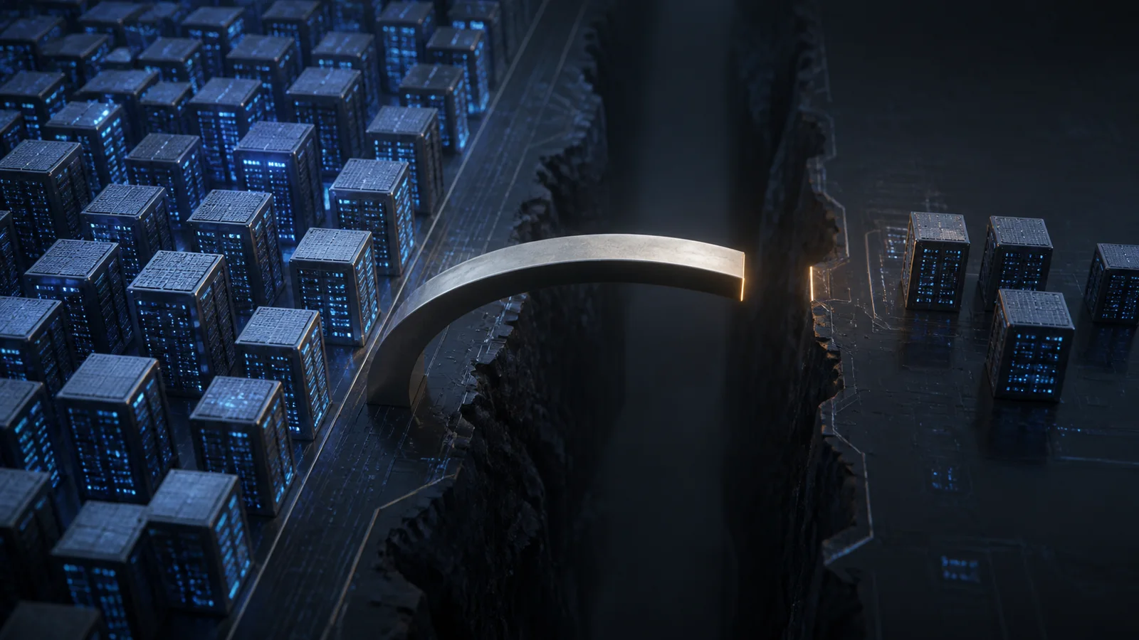Unequal fields of generic computing blocks separated by a deep gap, with a metallic pathway stopping before it crosses