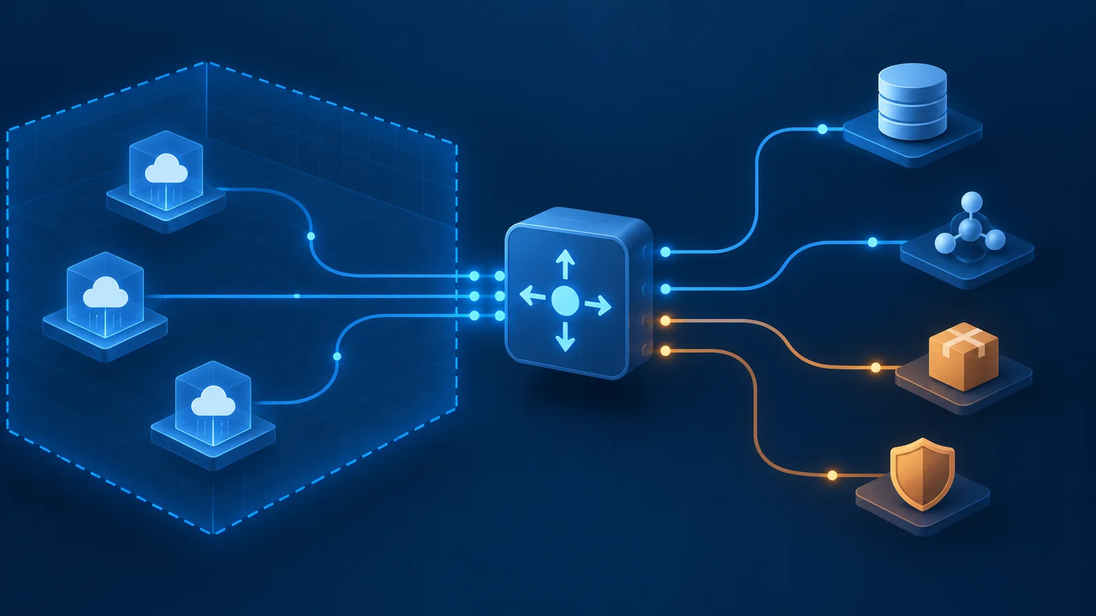Conceptual network illustration showing a central gateway routing from a private cloud boundary to a database, internal service, package repository and firewall.
