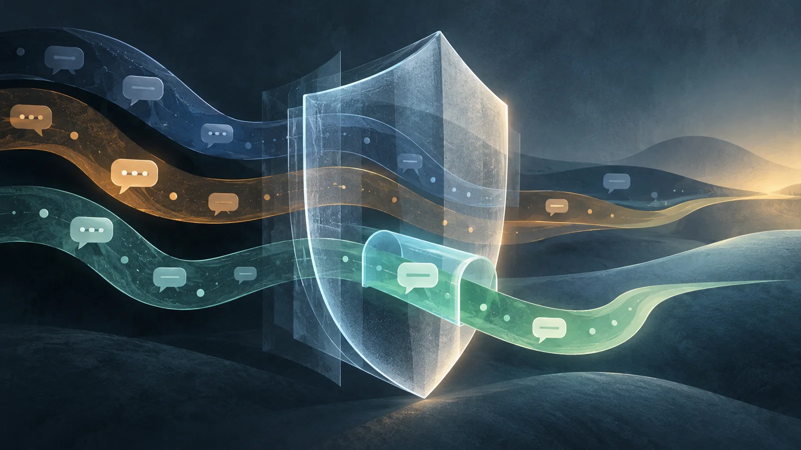 A translucent shield filters three colored, abstract conversation paths marked by text-free speech bubbles.