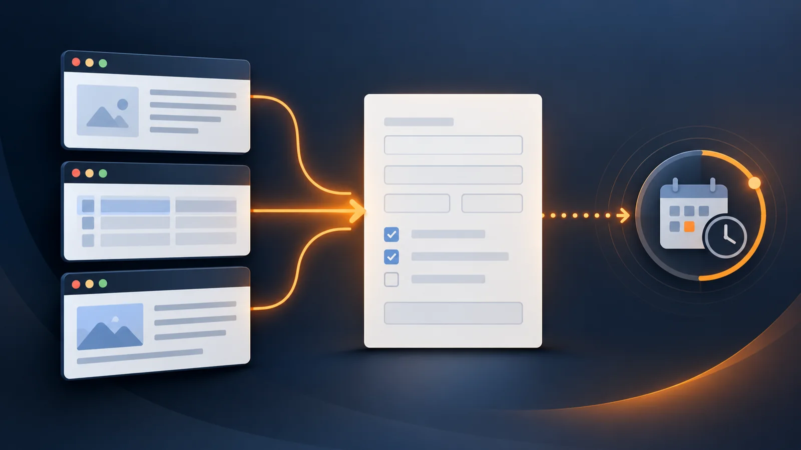 Conceptual illustration of selected browser documents feeding a blank form and a calendar-style monitoring indicator.