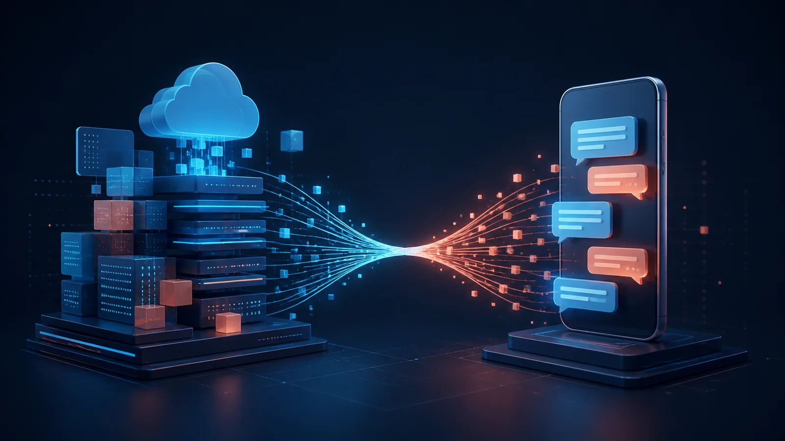 Abstract cloud and software infrastructure connected by flowing data lines to a generic smartphone with message bubbles.