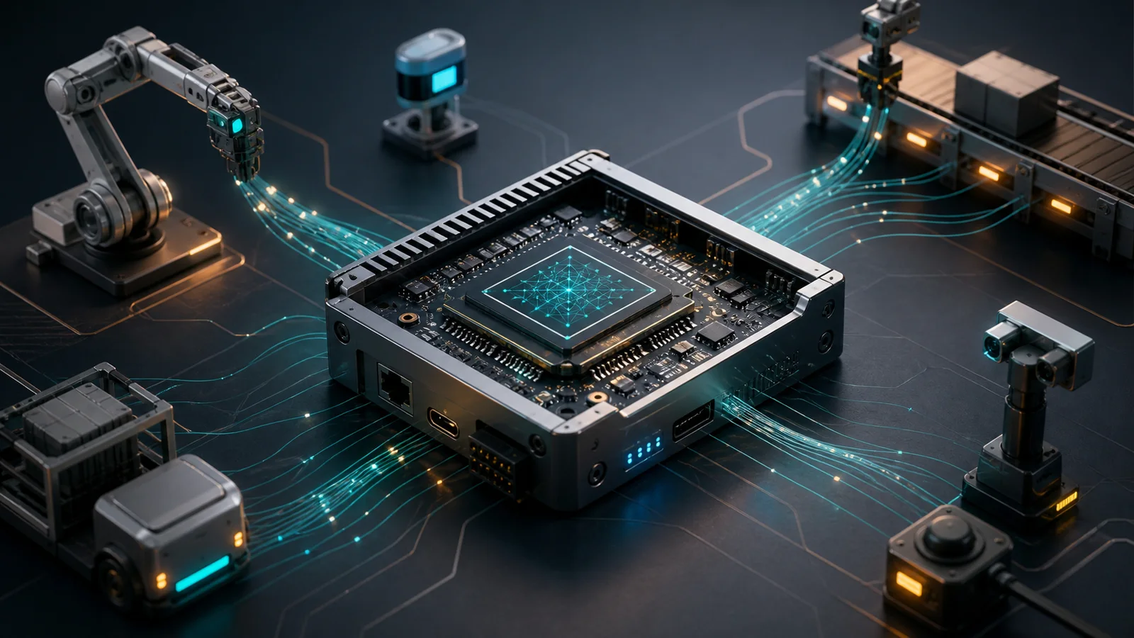 Illustrated edge-computing module with a central AI chip linked to robotic and industrial devices