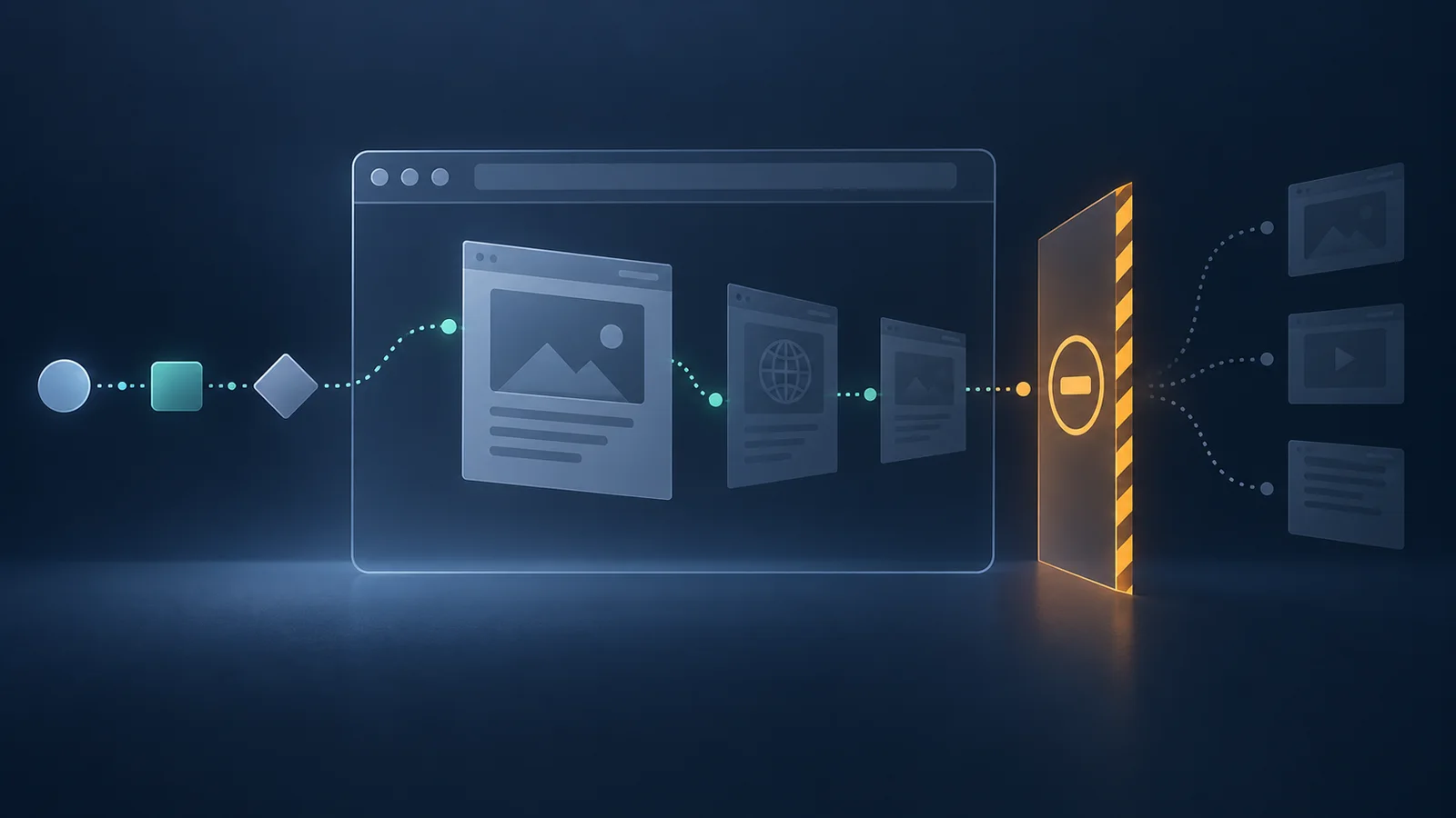 A dark-blue editorial illustration shows neutral workflow nodes moving through a browser outline toward an amber network-access control gate.
