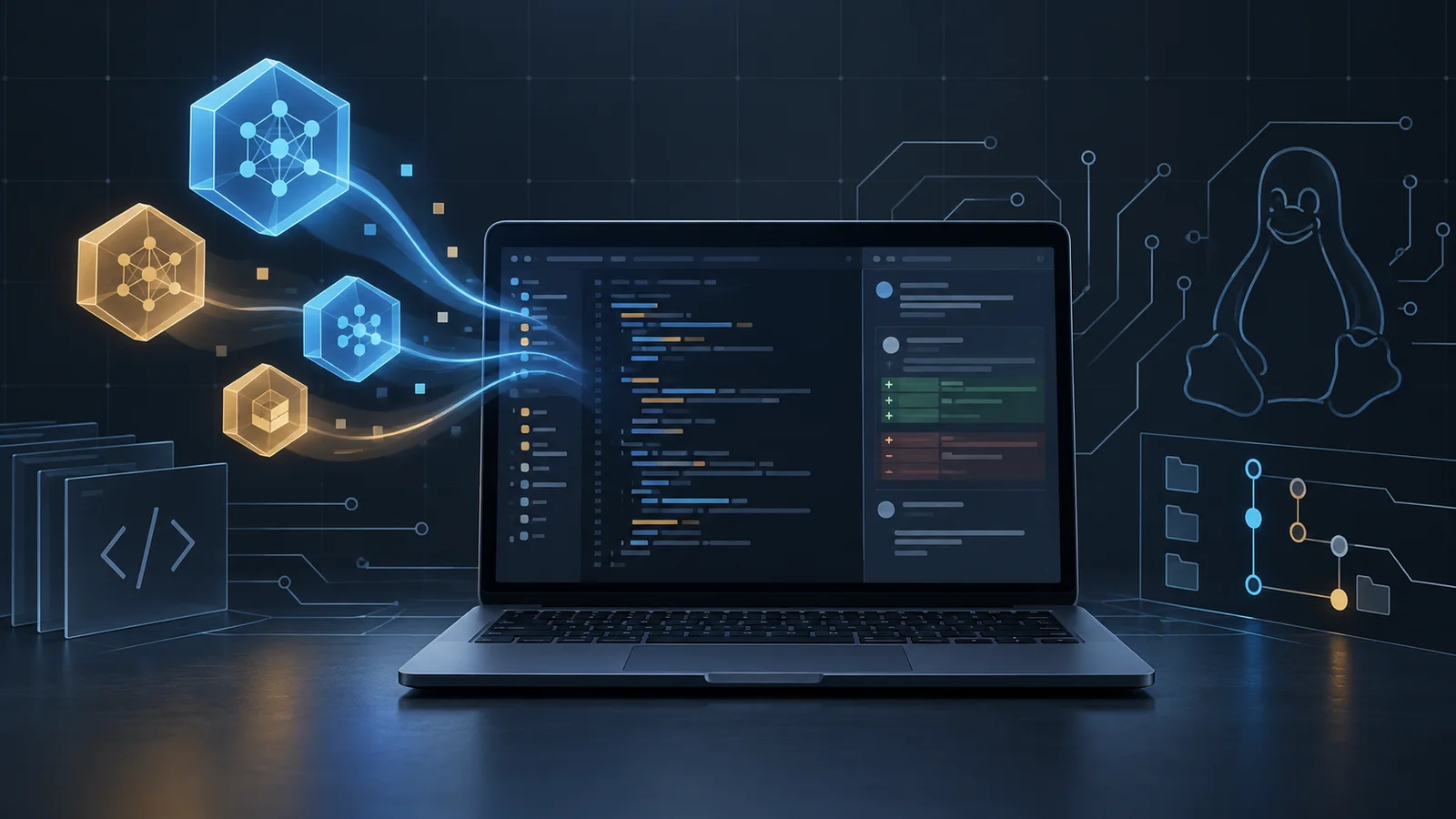 Conceptual illustration of an unbranded coding laptop with abstract access tokens, pull-request review shapes and a Linux penguin outline.