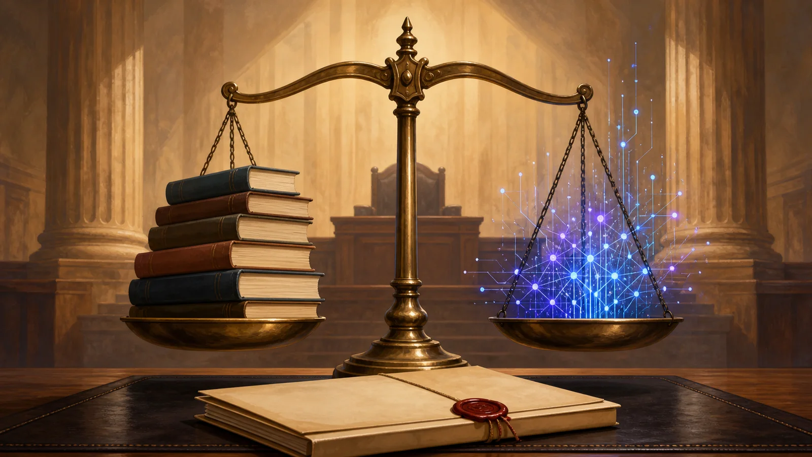Blank hardcover books and glowing data nodes rest on opposite pans of brass justice scales in an illustrated courtroom.