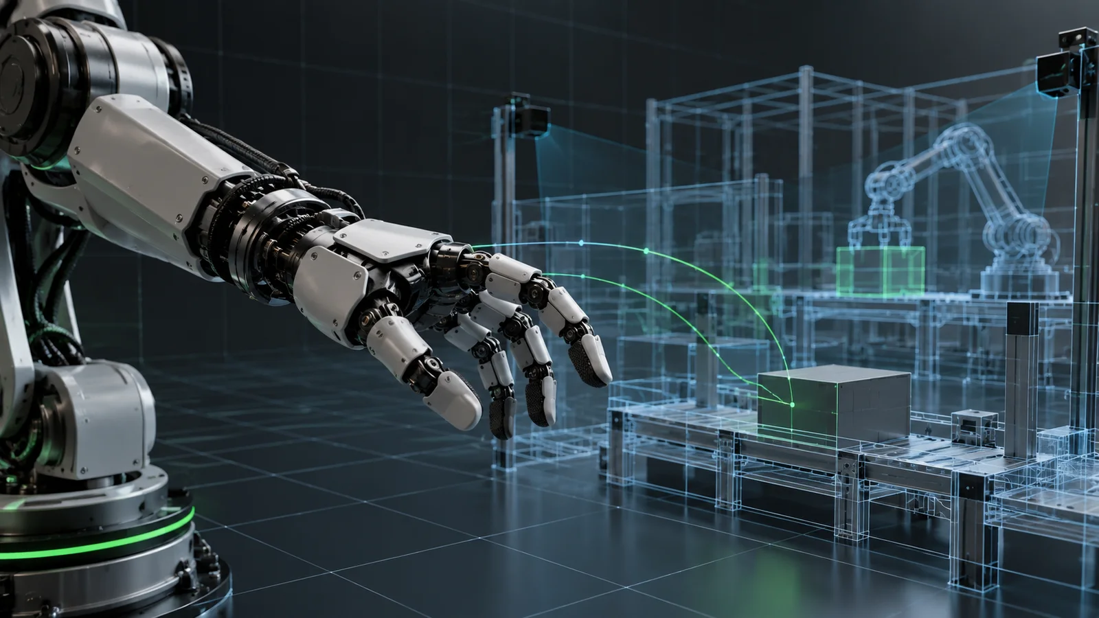 Conceptual robotic arm beside a translucent simulated factory cell with data-flow lines.