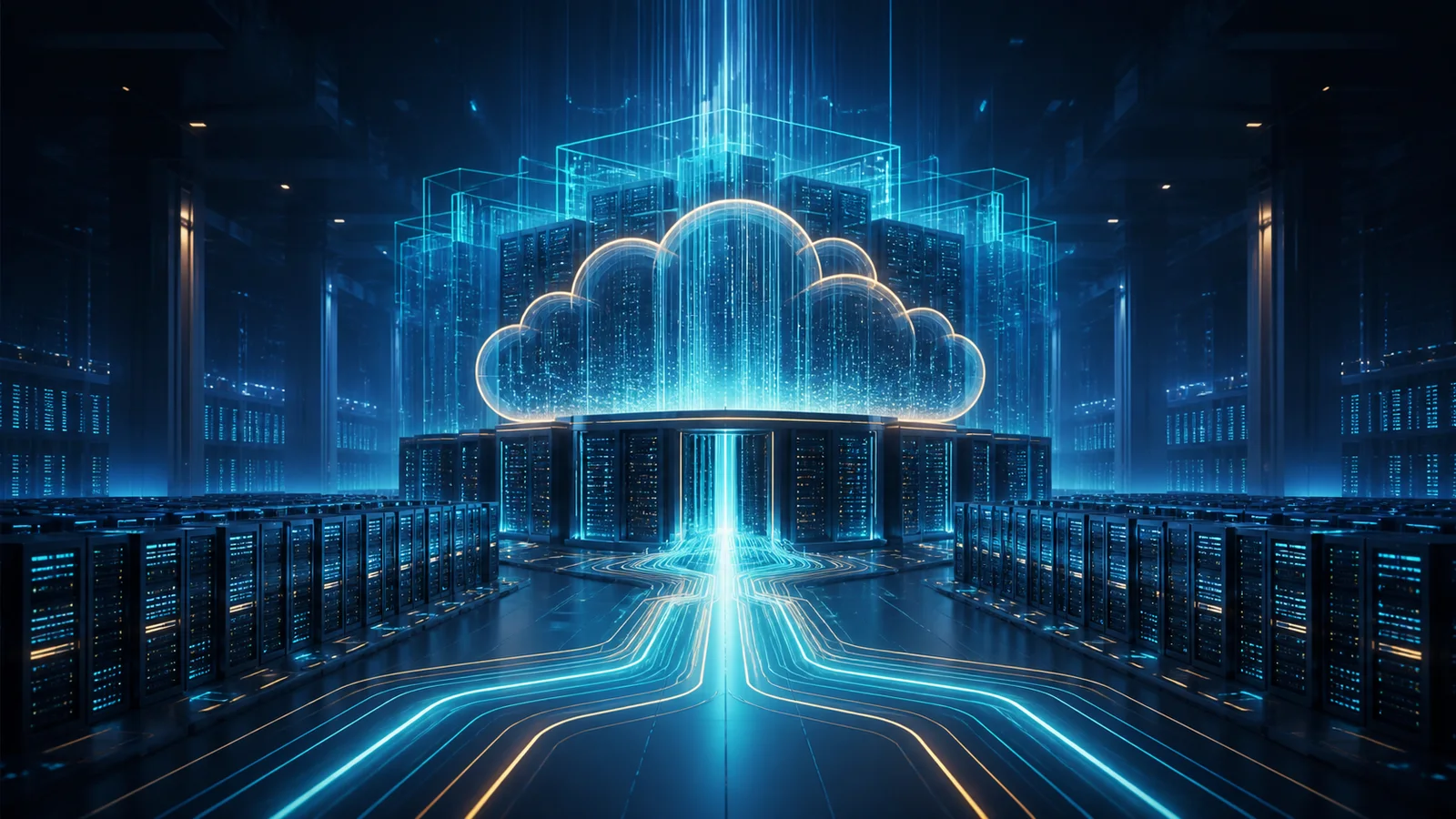 Conceptual cloud-shaped computing hub glowing above rows of server racks in a data center