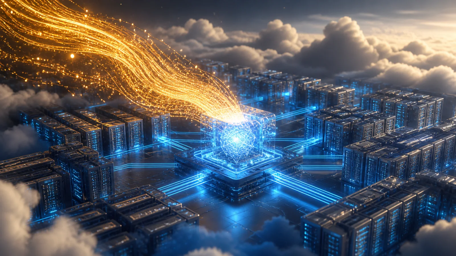 Amber streams of light flow into a glowing blue AI compute core surrounded by interconnected server racks and clouds.