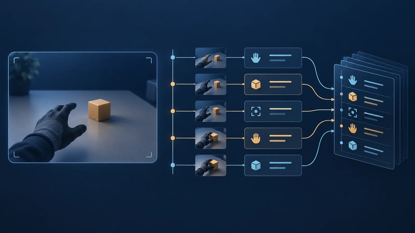 Conceptual illustration of a gloved first-person view reaching toward a cube, with timestamped visual events flowing into structured annotation records.