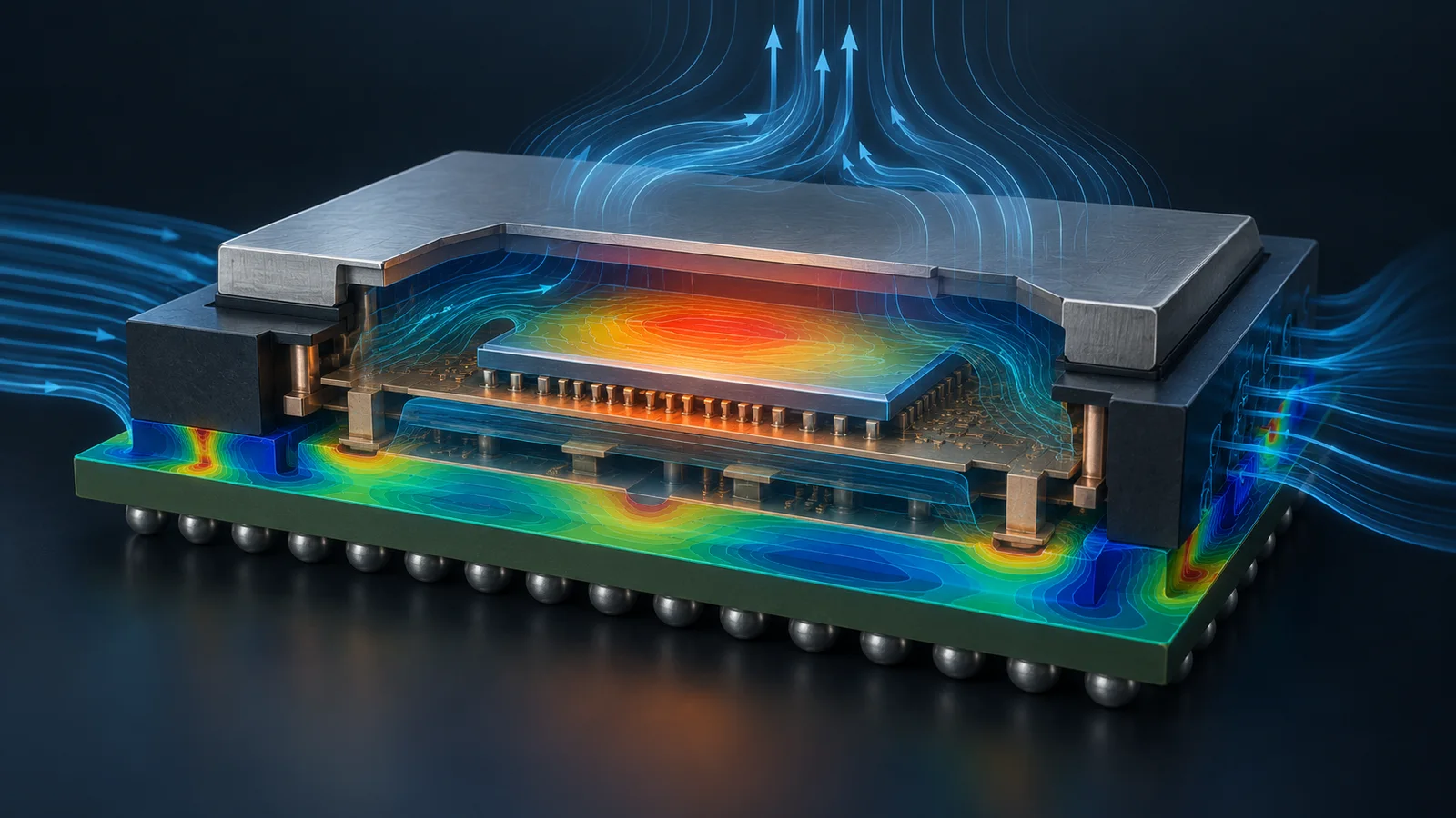Conceptual cutaway of a semiconductor package with colored thermal contours across its layers and blue airflow streamlines around it.