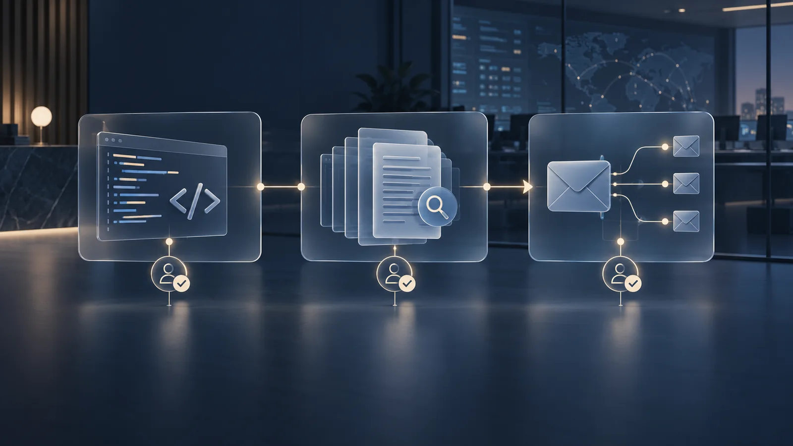 Conceptual illustration of code, knowledge documents and routed email panels connected by an operational workflow with oversight markers.