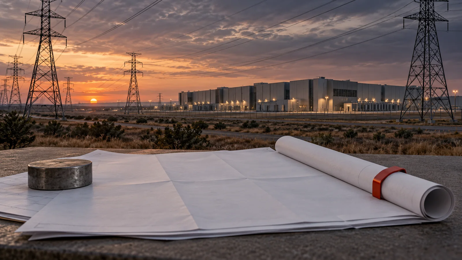 Conceptual illustration of a generic data center beyond power lines, with a blank secured project blueprint in the foreground.