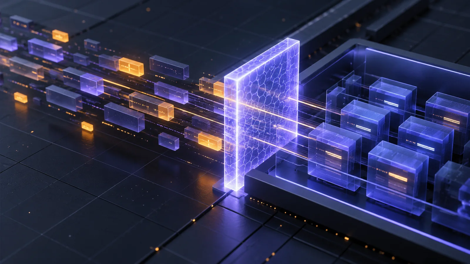 Conceptual technical illustration of translucent data blocks separated by a luminous protective boundary on a dark grid.