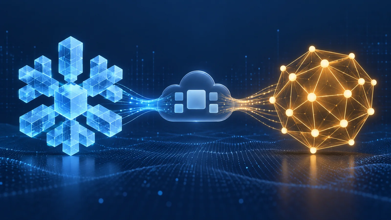 Conceptual illustration of a blue snowflake-like data structure linked through a cloud endpoint to an amber network form.