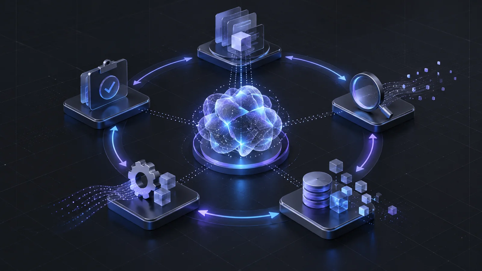 A luminous abstract AI model at the center of a five-stage circular workflow, with a magnifier, dataset stack, evaluation check, tuning gear and layered model panels.
