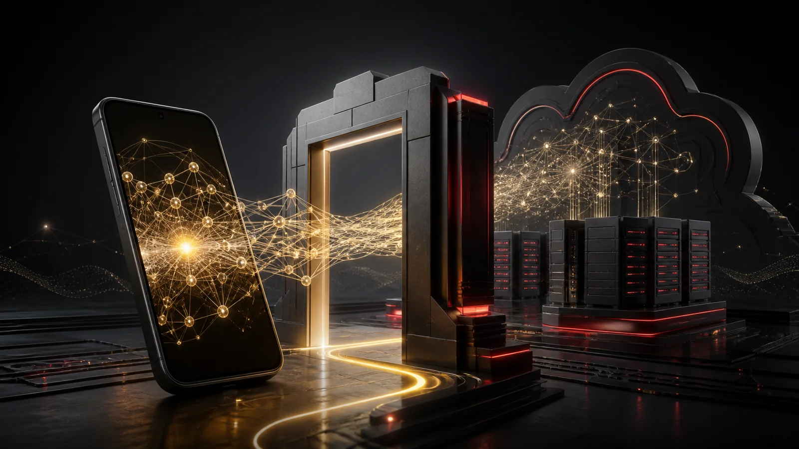 An unbranded smartphone linked by a glowing neural network to cloud servers through an illuminated gateway.