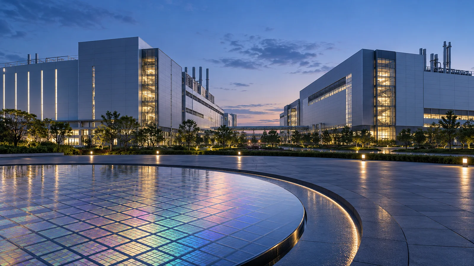 Conceptual illustration of two anonymous semiconductor fabrication buildings at blue hour, with a patterned silicon-wafer surface in the foreground.
