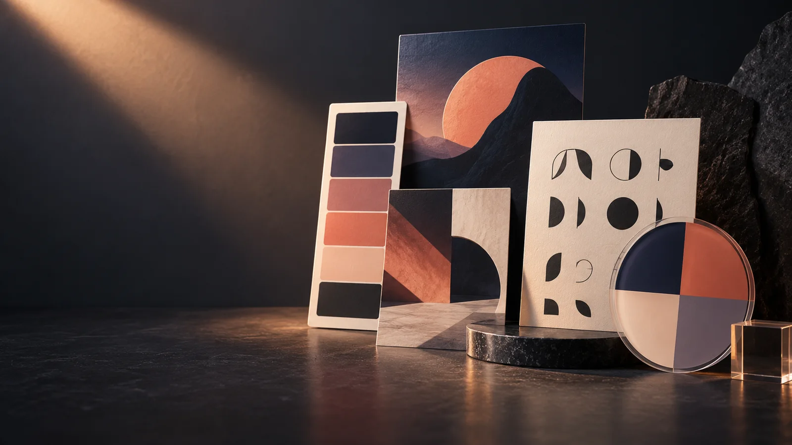 Editorial illustration of unbranded color swatches, abstract reference cards and a circular palette selector on a dark studio surface.