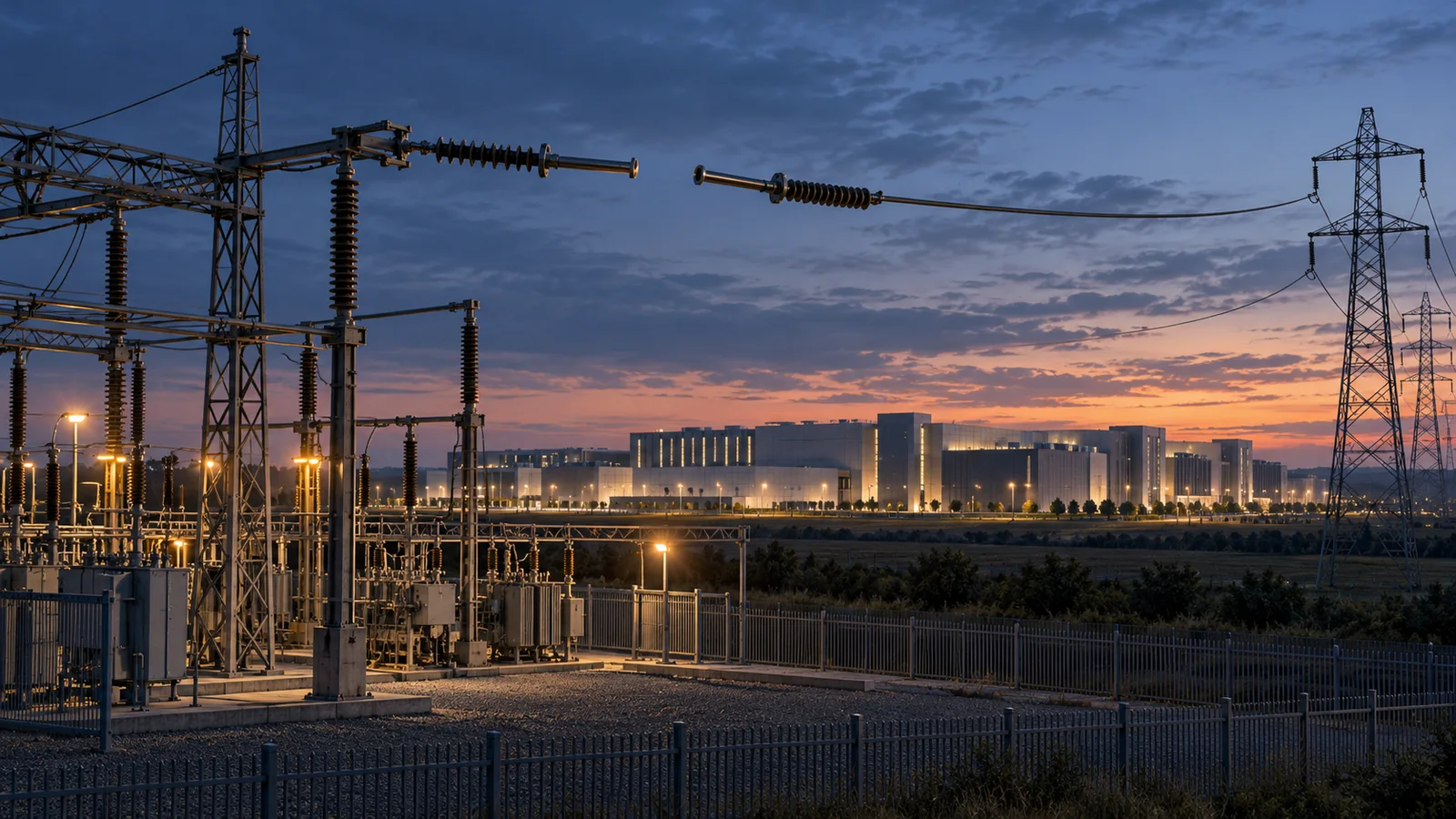 Conceptual illustration of an open high-voltage grid connection in front of a generic data-center campus at dusk.
