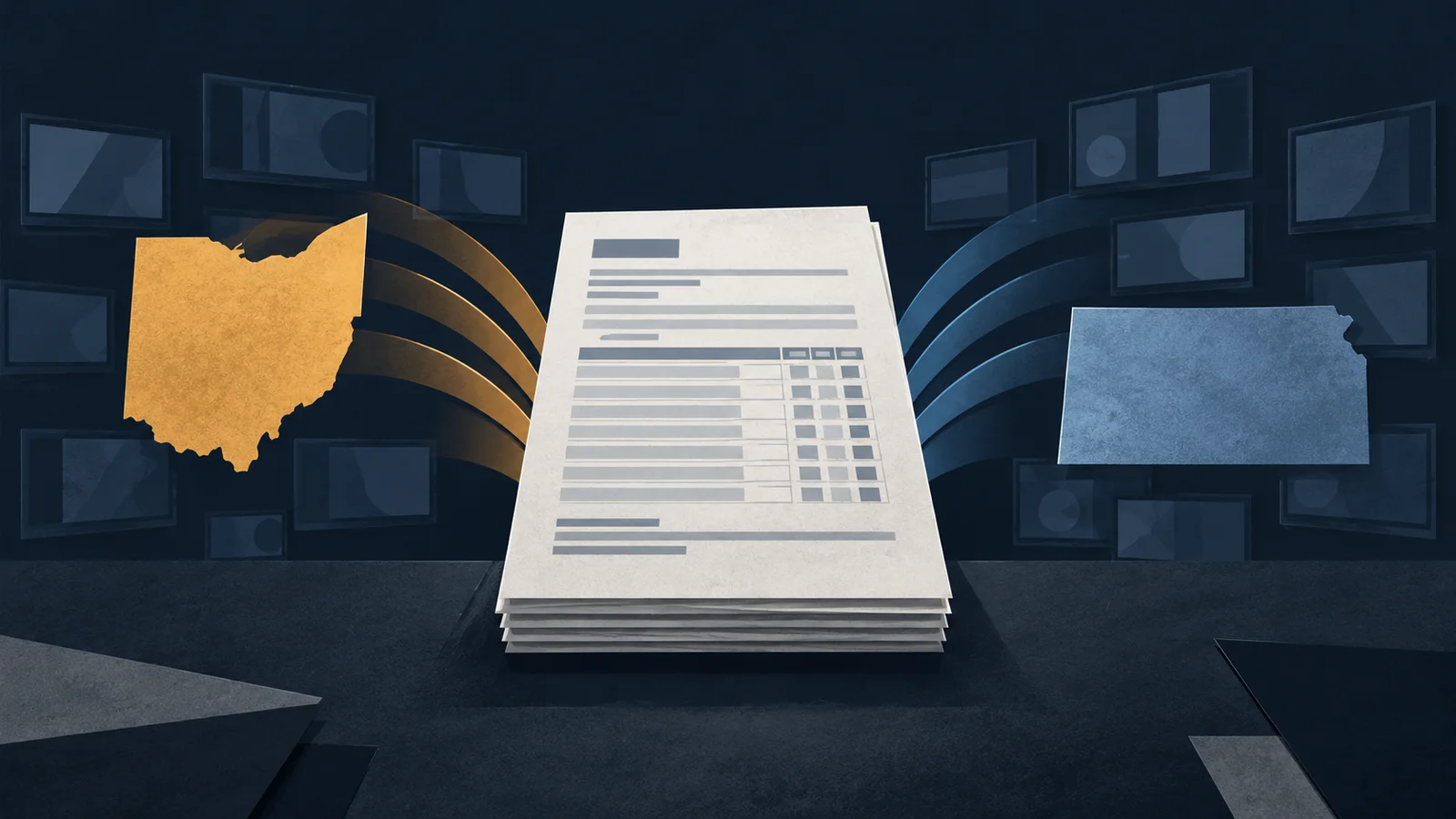 Generated editorial illustration of Ohio and Kansas silhouettes flanking a non-readable campaign-finance filing, with abstract ad-distribution arcs.