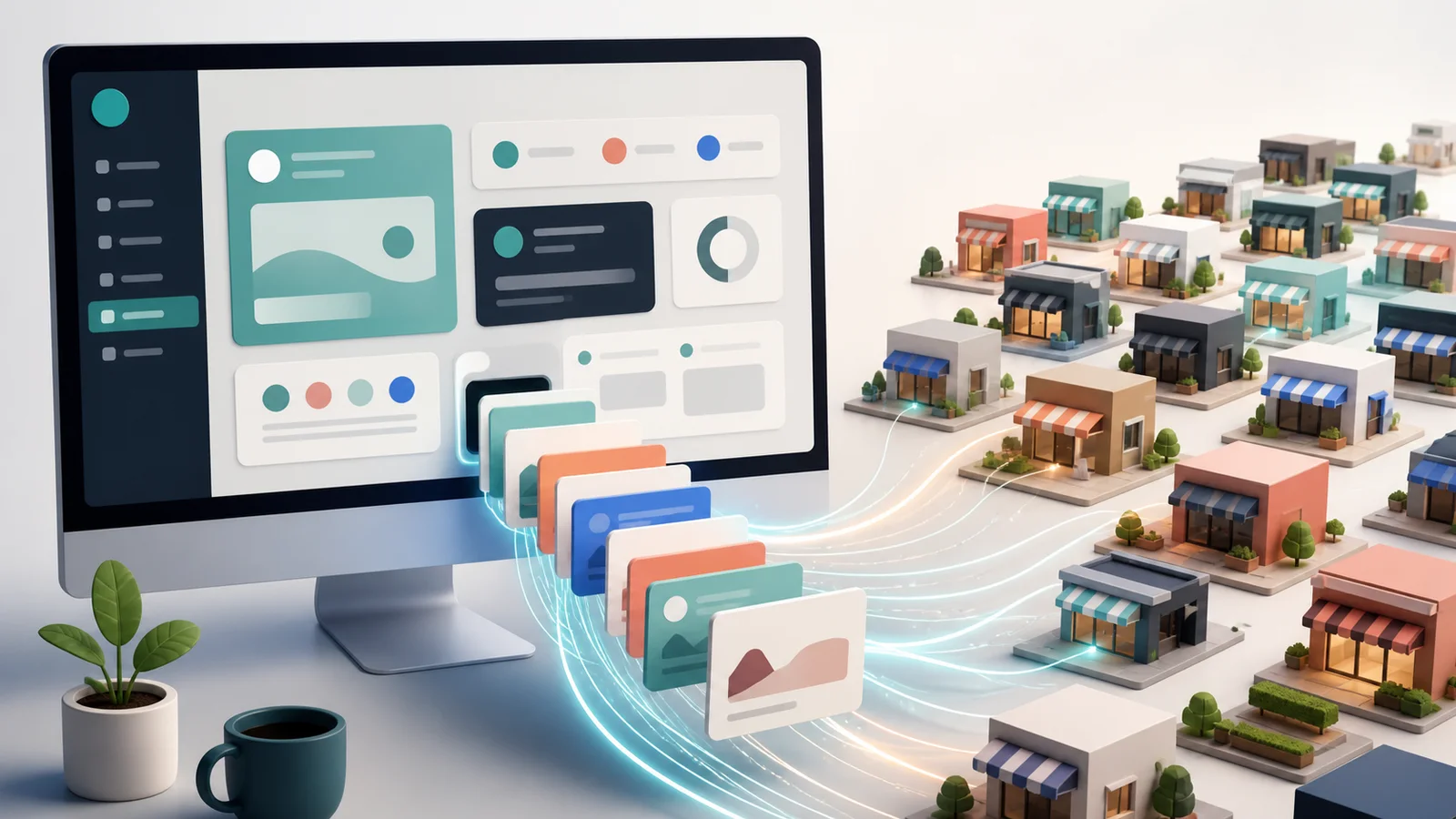 A generic advertising dashboard sends unlabeled content cards toward rows of small storefronts.