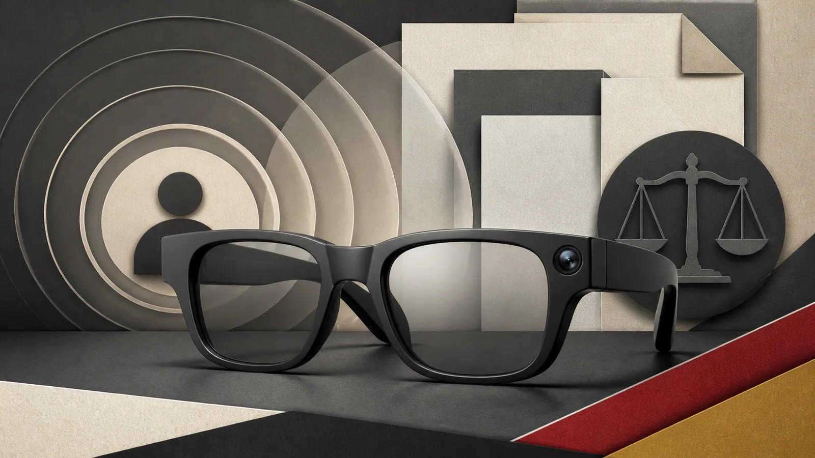 Editorial illustration of generic camera-equipped smart glasses in front of privacy ripples and legal document shapes