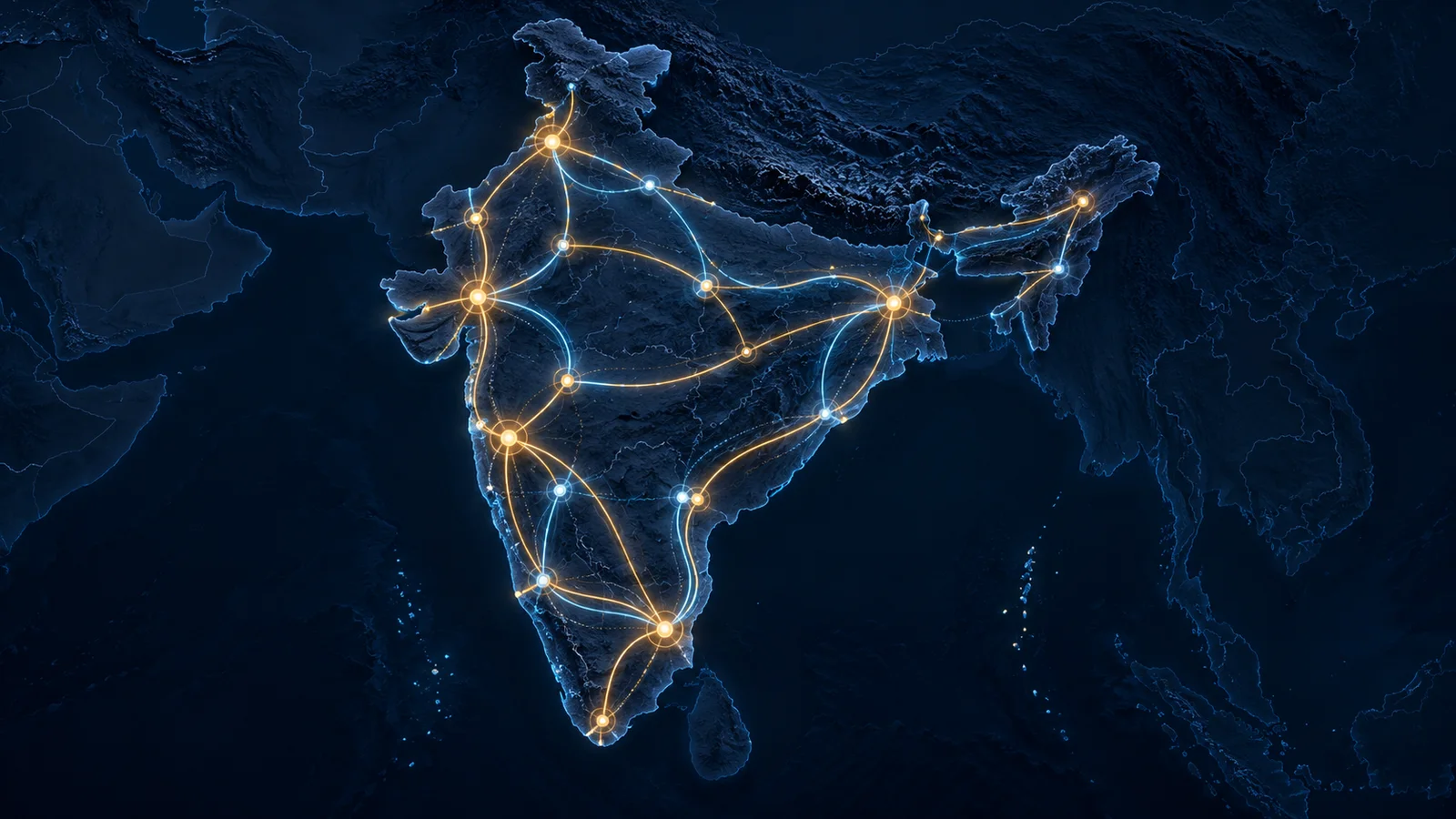 Conceptual map of India with blue and amber fiber routes and connection nodes.