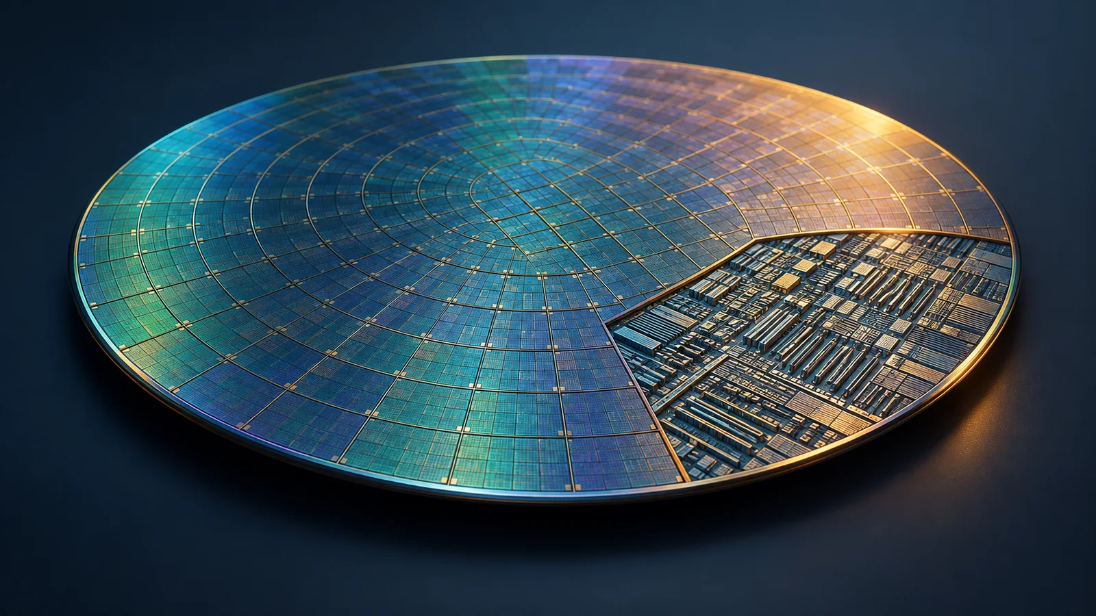 Conceptual illustration of a silicon wafer with a detailed cutaway of dense transistor patterns, lit in teal and amber against a dark background.